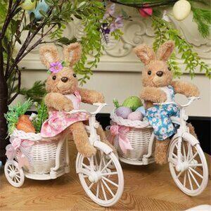 Set of 2 Easter Tabletop Decorations Bunny Couple 10" Rabbits Ride